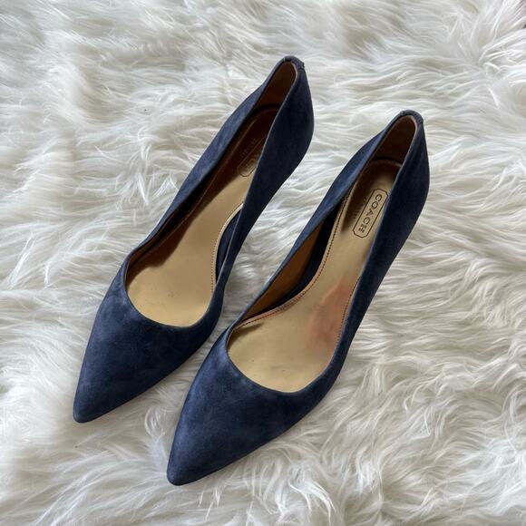 Coach Women’s Navy Blue Suede Pumps High Heels Pointed Toe Stiletto Classic 8.5B - Picture 2 of 10